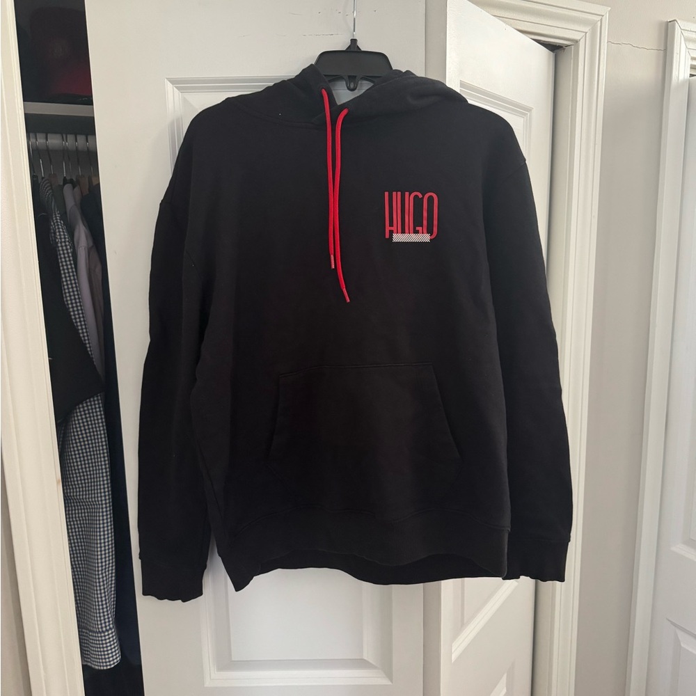 HUGO Black Hoodie with Bold Red Details